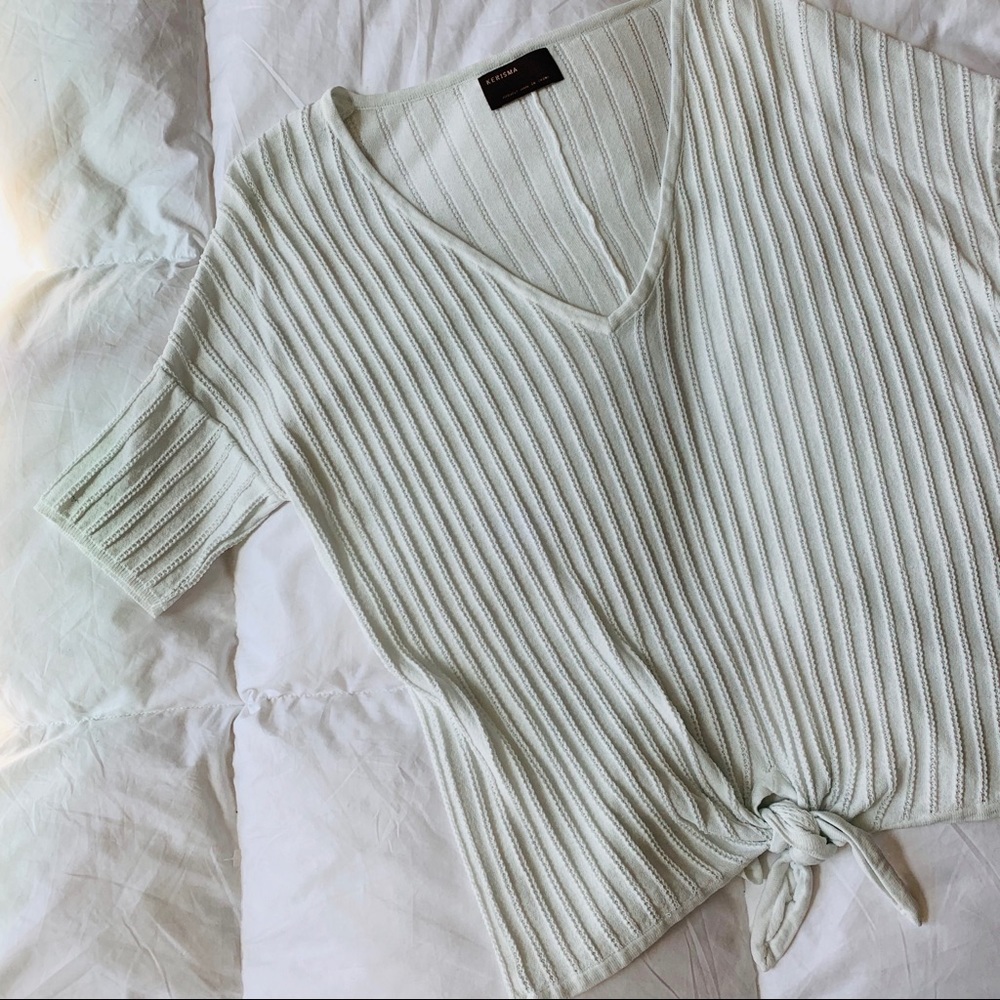 Kerisma | White Ribbed V Neck Tie Front Top